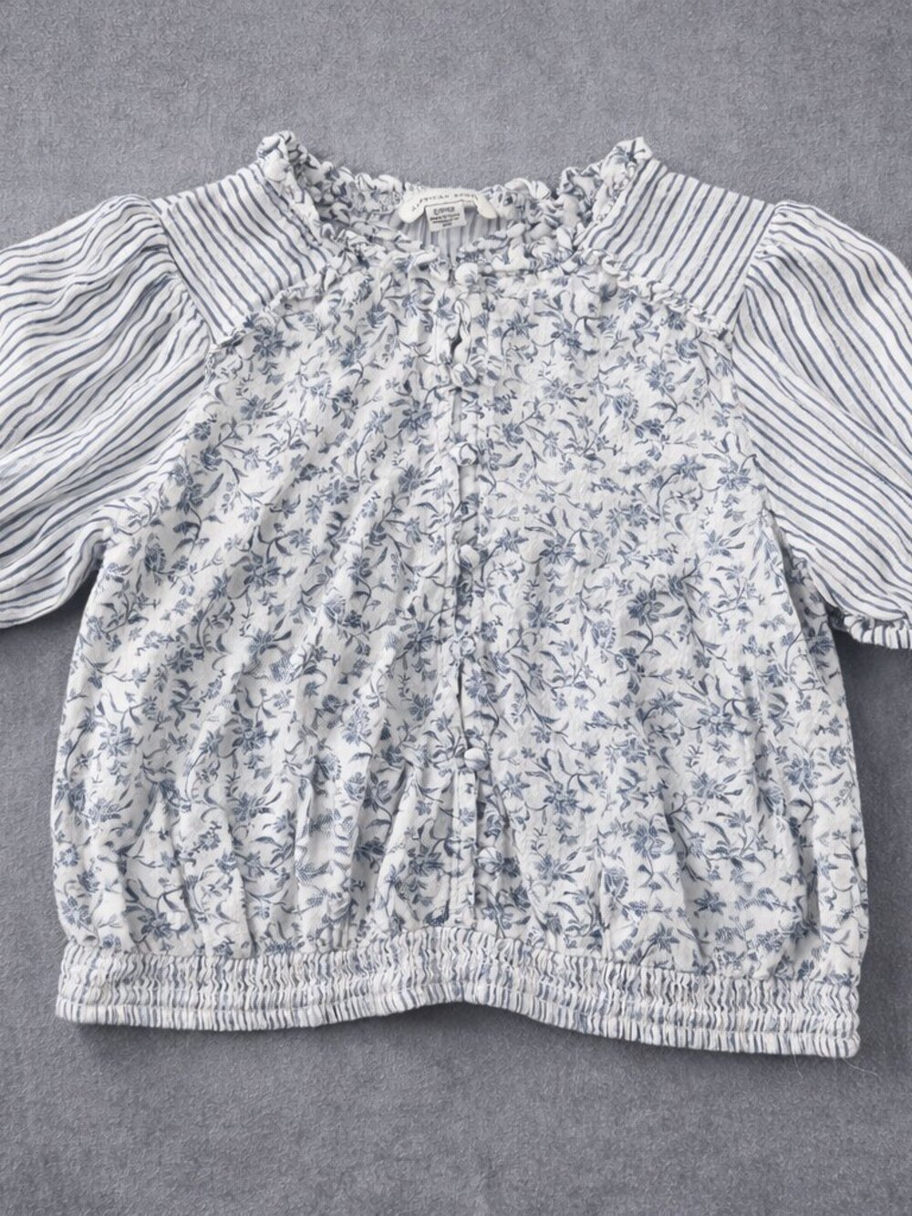American Eagle Floral Crop Top Womens S Blue White Puff Sleeve Smocked Blouse